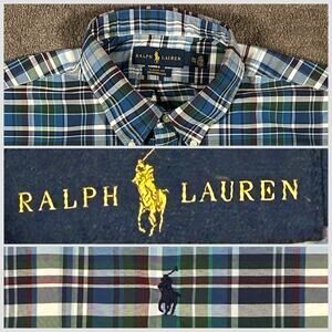 Ralph Lauren Men XXL TG Classic Blue Green Plaid Cotton Long Sleeve Button Down